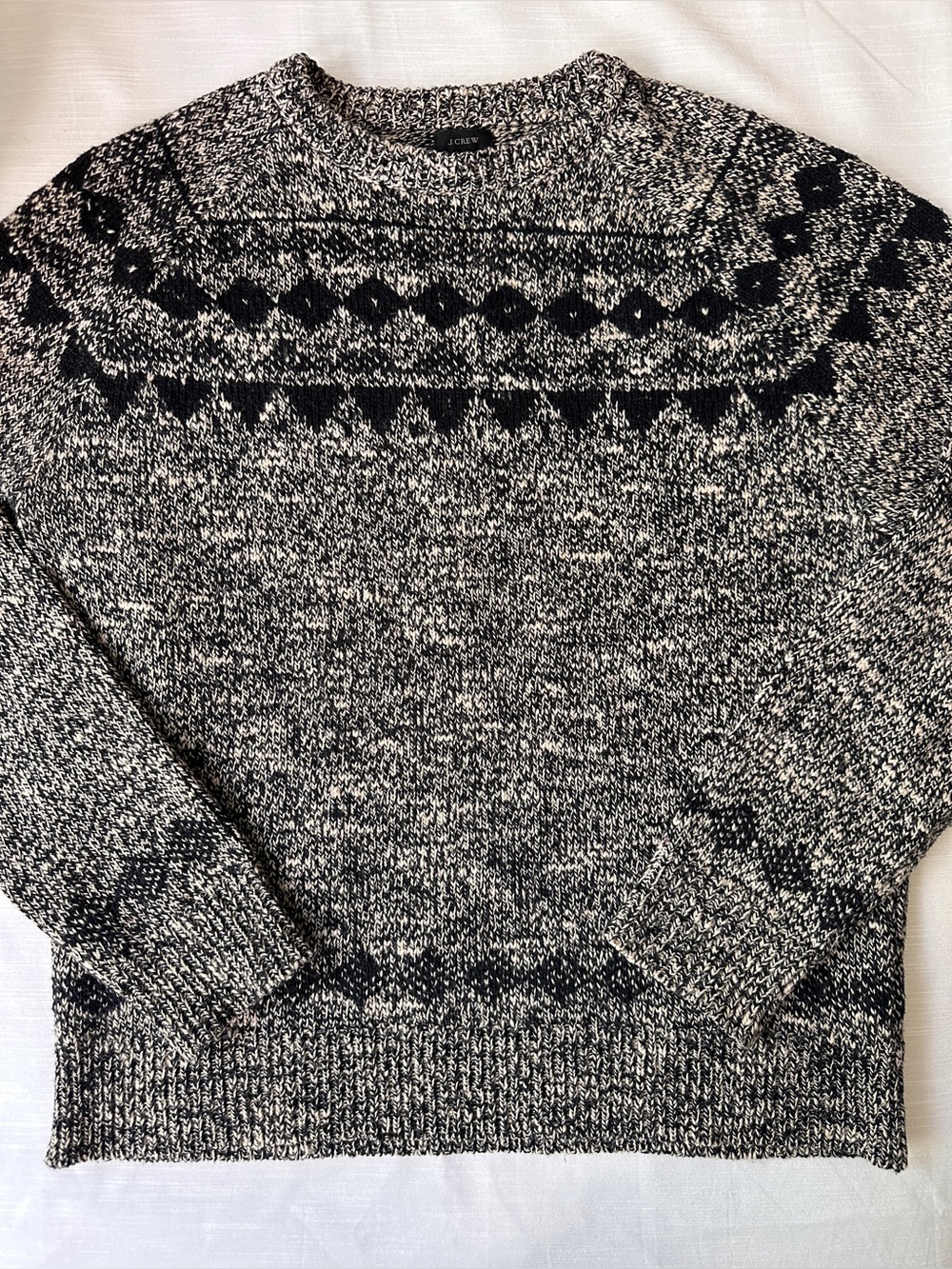 Men’s J. Crew Black & Gray Fair Isle Wool Blend Crewneck Sweater, size L EUC